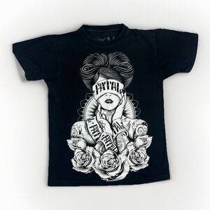 Fatal‎ Clothing Tattoo Graphic Shirt Roses Blinfold Skull Ink Style Size M Black